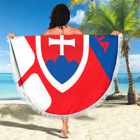 Round Slovakia flag beach blanket with crest design and white fringe edge