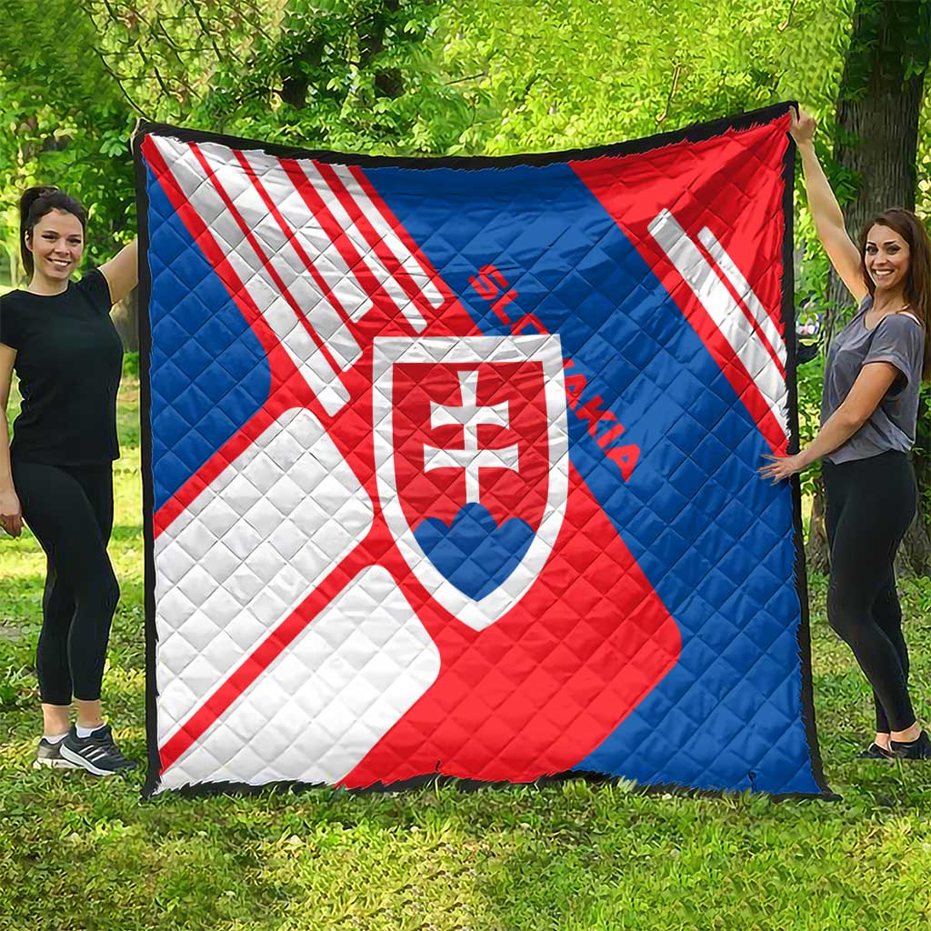 Slovakia flag quilt spread flat, diamond quilting with white/red/blue diagonal stripes and crest