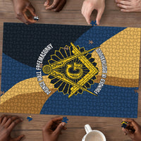 Prince Hall Freemasonry Puzzle Square and Compasses Gold Blue Geometric