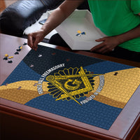 Prince Hall Freemasonry Puzzle Square and Compasses Gold Blue Geometric