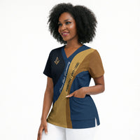 Prince Hall Freemasonry Scrub Top Square and Compasses Gold Blue Geometric
