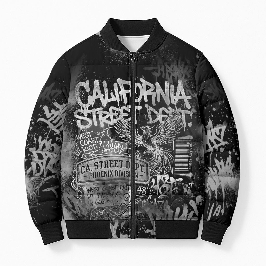 Personalized California Street Graffiti Bomber Puffer Jacket Monochrome Urban Streetwear - Phoenix Bird - West Coast Riot