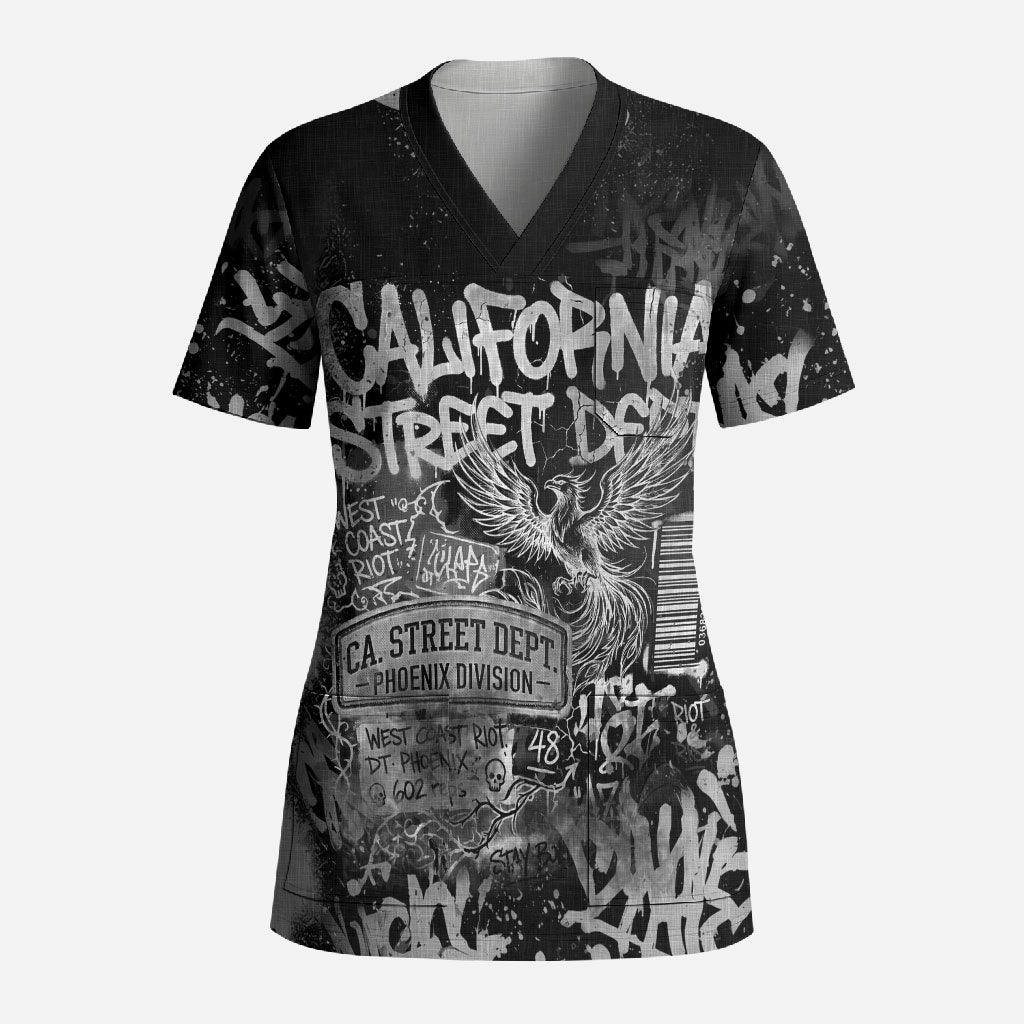 Personalized California Street Graffiti Scrub Top Monochrome Urban Streetwear - Phoenix Bird - West Coast Riot