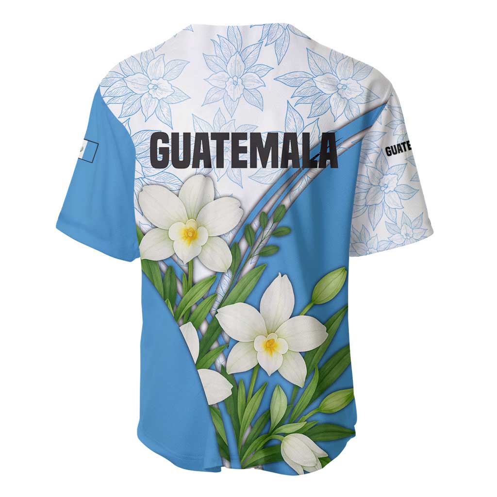 Blue and white baseball jersey back with GUATEMALA text and floral design