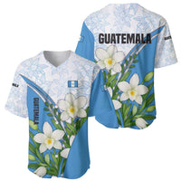Pair of white/blue floral baseball jerseys showing front and back Guatemala theme