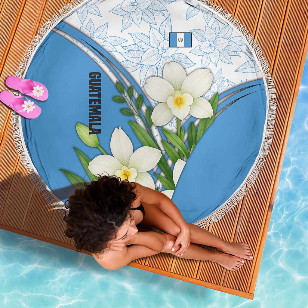 Guatemala White Monja Blanca Flower Beach Blanket with Blue Flag Theme and Floral Pattern Design - Wonder Print Shop