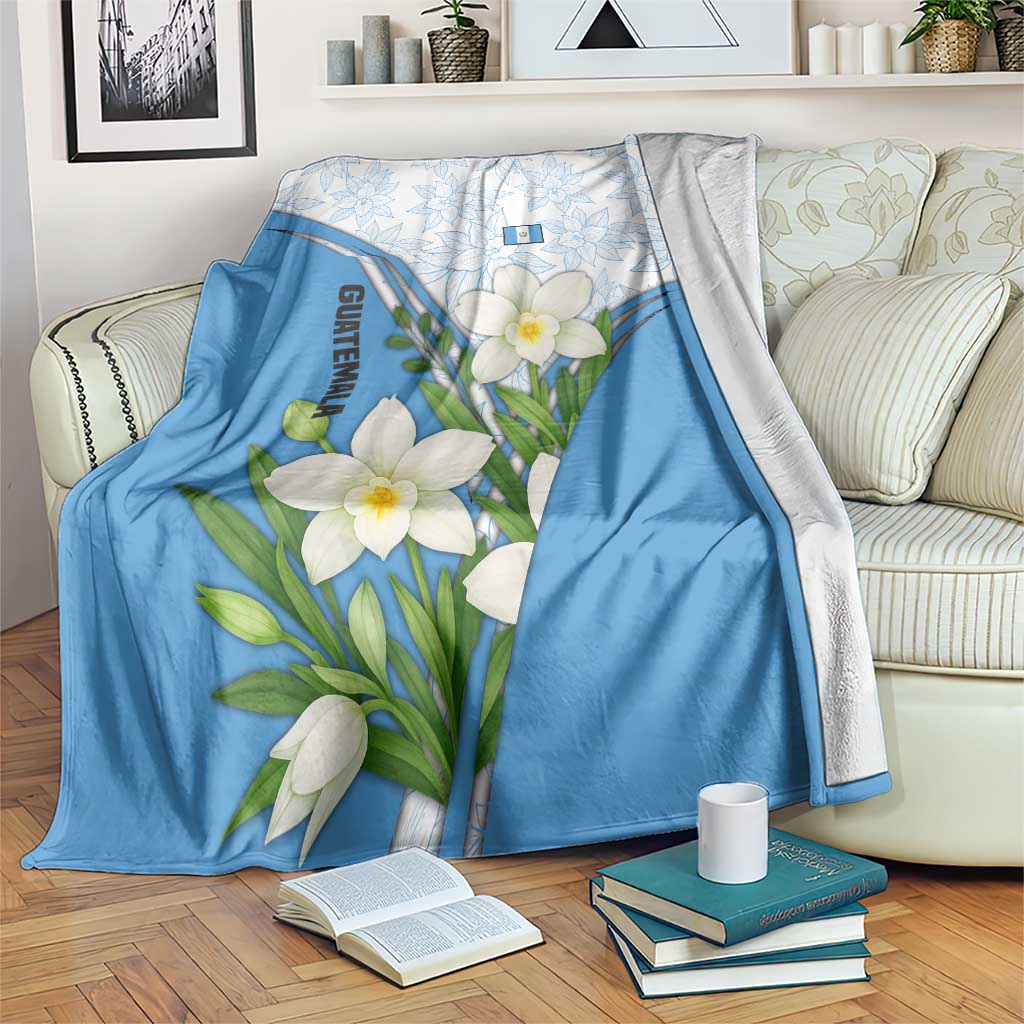 Guatemala White Monja Blanca Flower Blanket with Blue Flag Theme and Floral Pattern Design - Wonder Print Shop