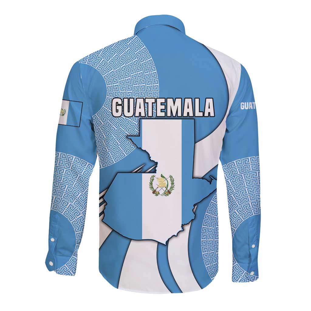 Guatemala Flag Map Long Sleeve Button Shirt with Blue White Swirl and Geometric Pattern Design - Wonder Print Shop