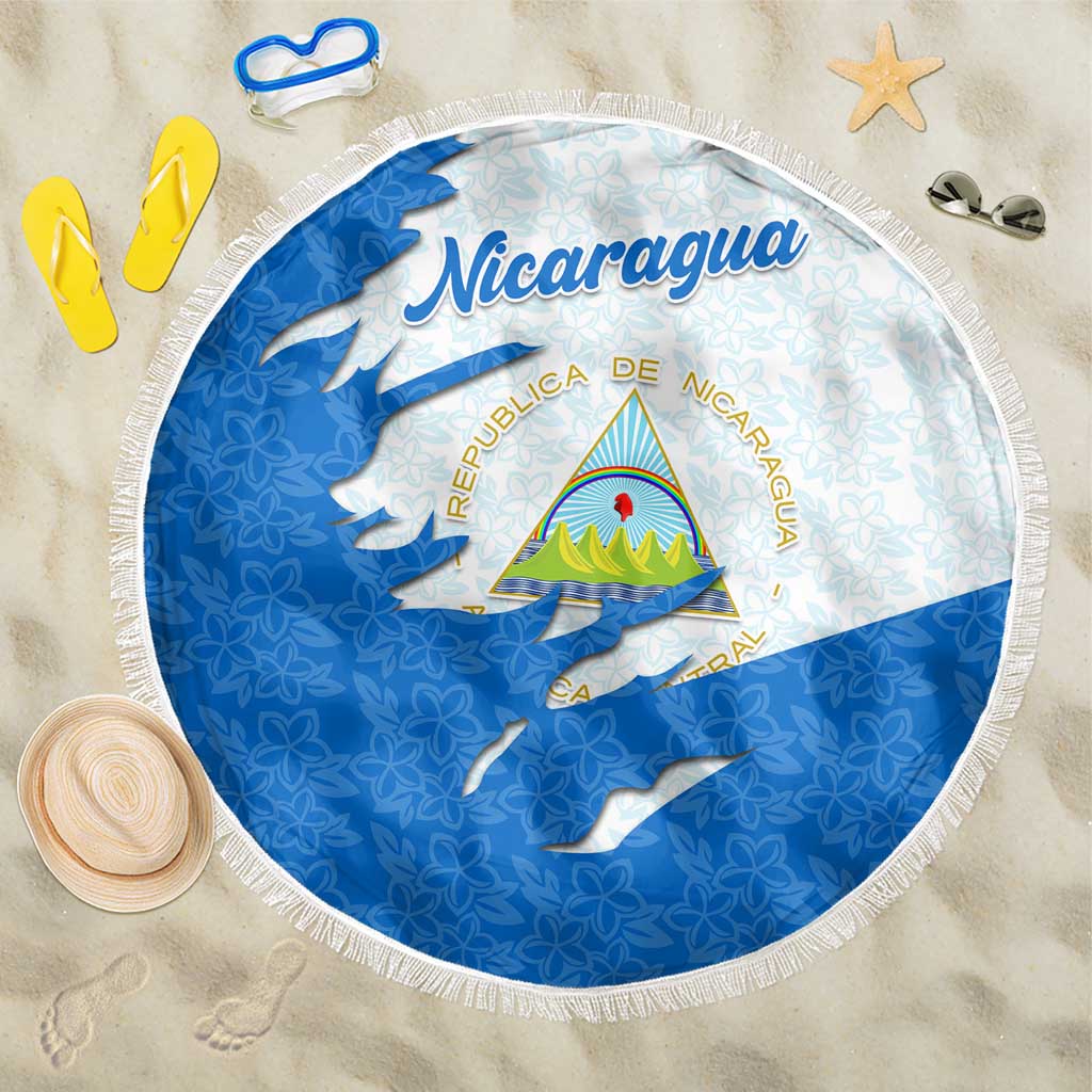 Nicaragua Flag Ripped Effect Beach Blanket with National Emblem and Floral Pattern Design - Wonder Print Shop