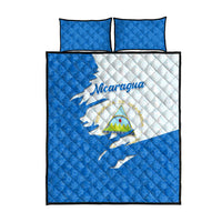 Nicaragua flag quilt bed set, quilted white and blue with emblem, two matching pillows