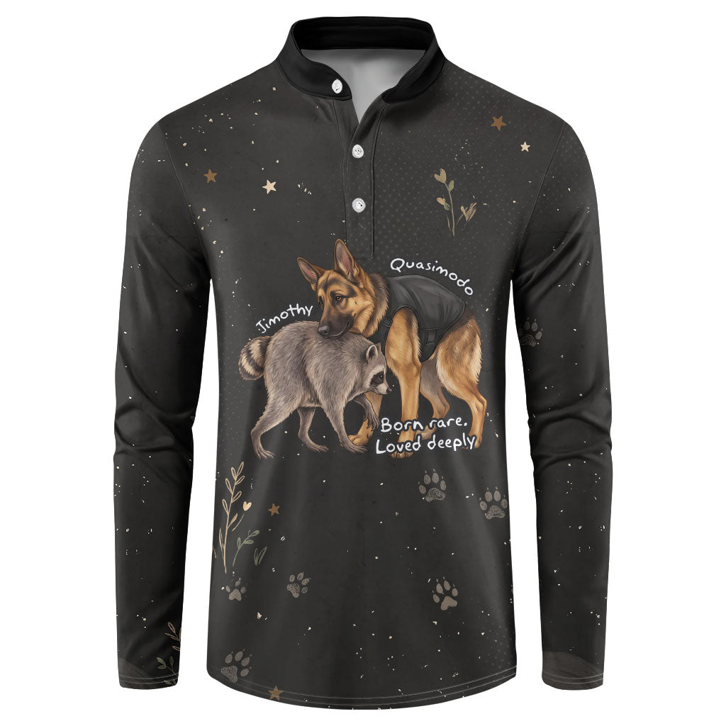 Jimothy And Quasimodo Button Sweatshirt Vintage German Shepherd And Raccoon - Born Rare Loved Deeply