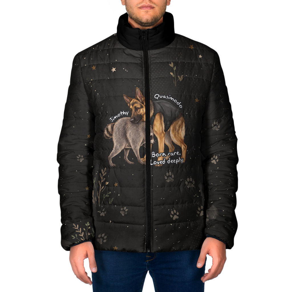 Jimothy And Quasimodo Padded Jacket Vintage German Shepherd And Raccoon - Born Rare Loved Deeply