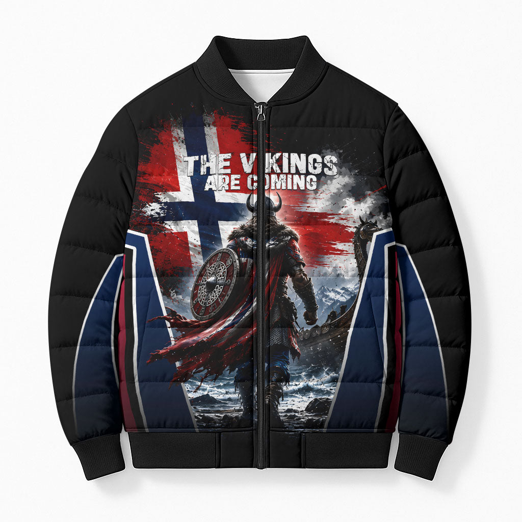 Personalized Norway Viking Warrior Bomber Puffer Jacket Vintage Norse Mythology Flag Art