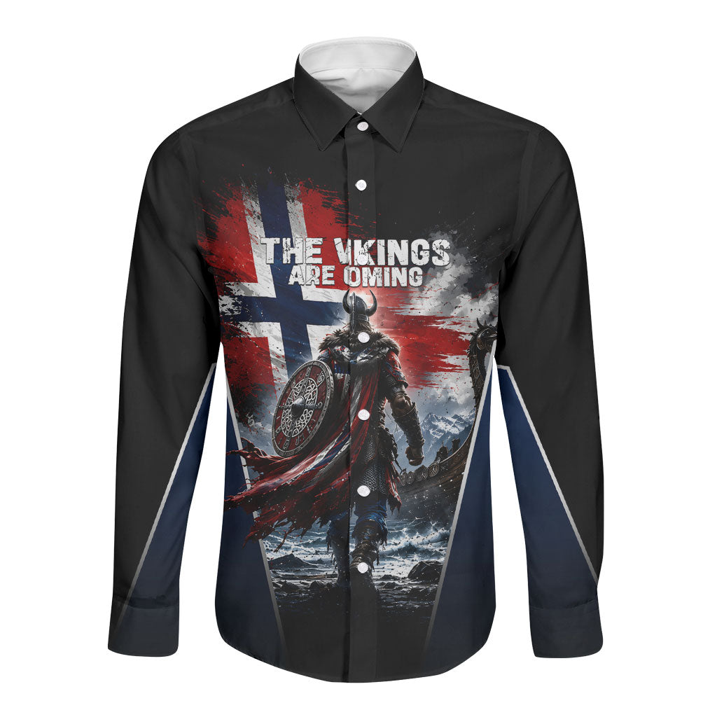 Personalized Norway Viking Warrior Long Sleeve Button Shirt Vintage Norse Mythology Flag Art