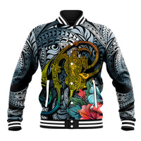 Unisex baseball jacket in dark cyan gradient with turtle tattoo front and tribal print