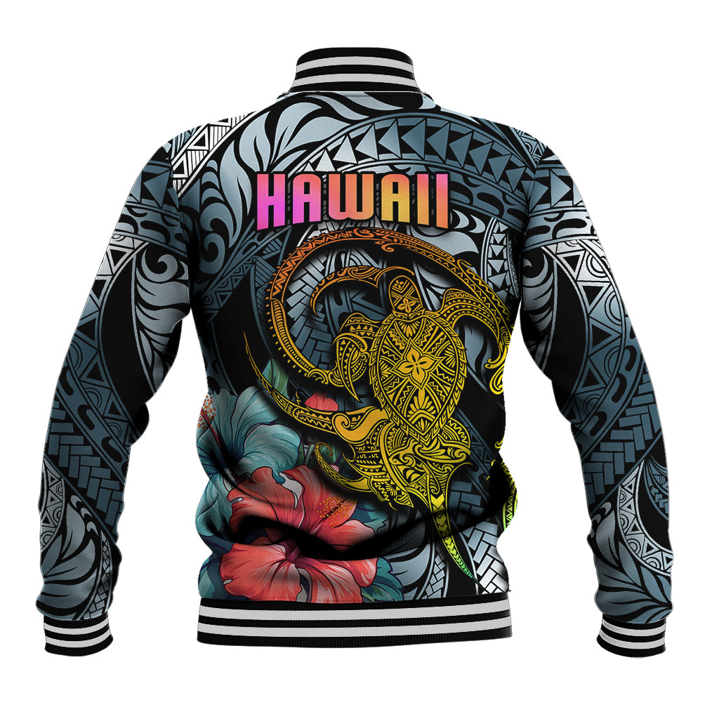 Unisex baseball jacket back with 'HAWAII' text, turtle tattoo graphic and tribal print