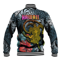 Unisex baseball jacket back with 'HAWAII' text, turtle tattoo graphic and tribal print
