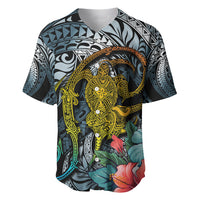 Hawaii turtle baseball jersey front view, gold tattoo turtle, hibiscus flowers, geometric accents