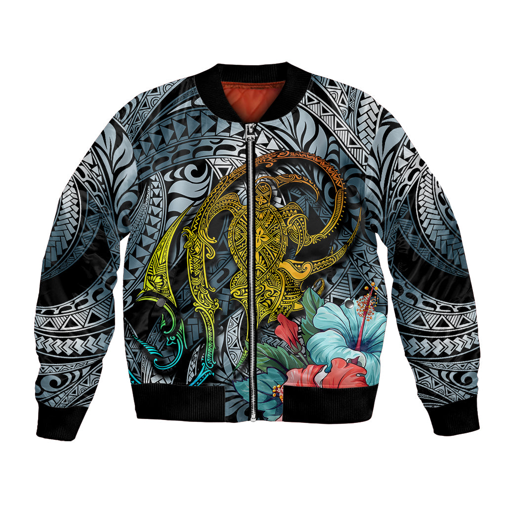 Dark cyan gradient bomber jacket, front zip, turtle and floral prints, ribbed cuffs