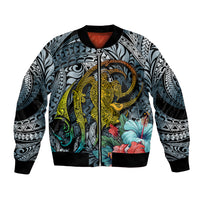 Dark cyan gradient bomber jacket, front zip, turtle and floral prints, ribbed cuffs