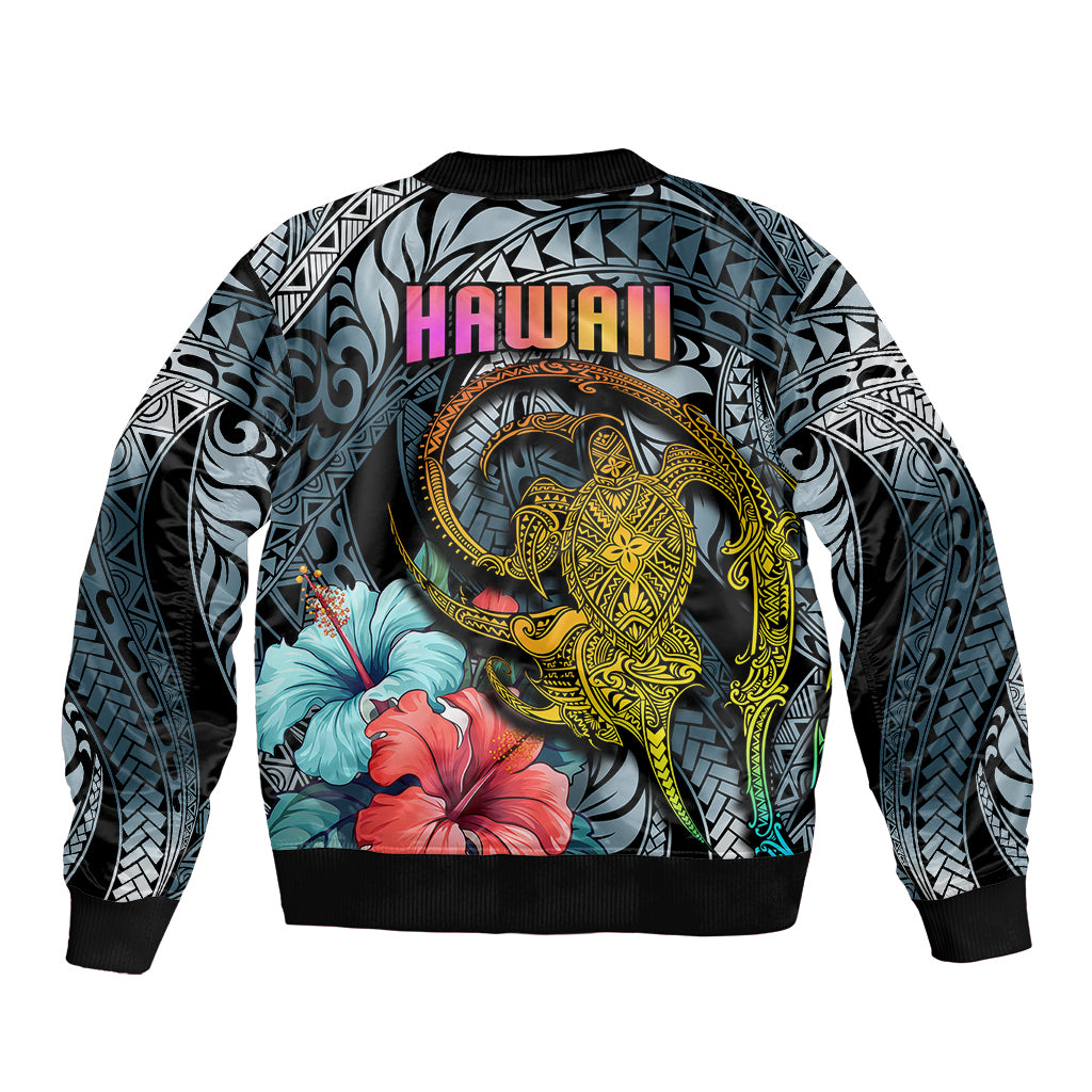 Dark cyan gradient bomber jacket, back shows HAWAII text with turtle and floral prints