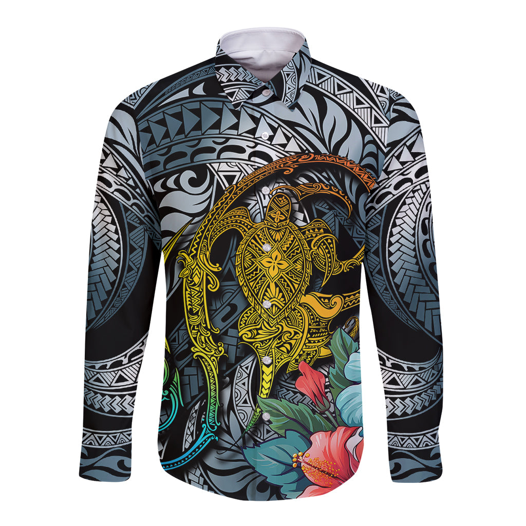 Long-sleeve button shirt, dark teal gradient with yellow turtle and floral tribal print