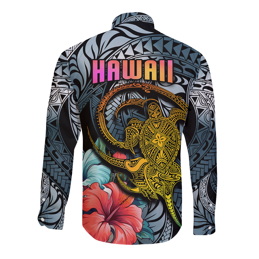 Long-sleeve button shirt back, HAWAII text, yellow turtle with floral tribal print