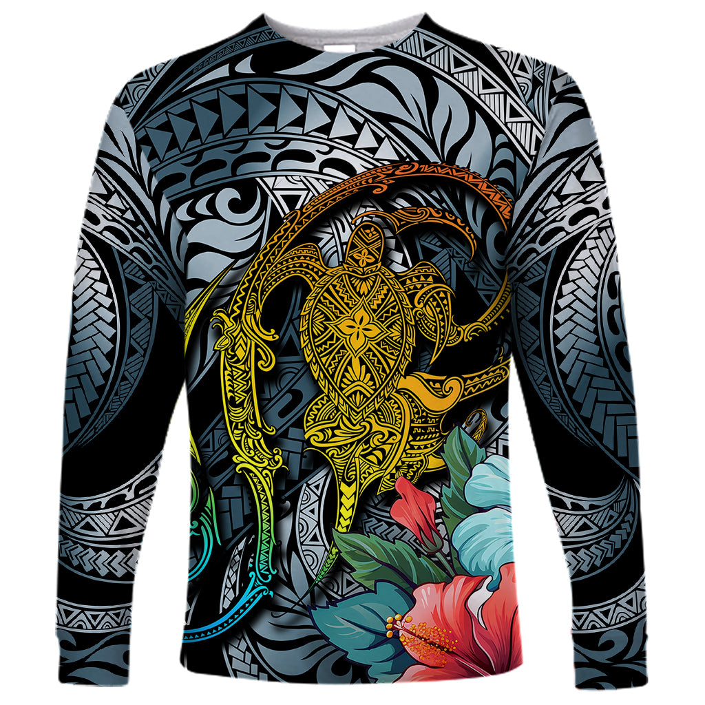 Unisex long sleeve shirt with dark cyan gradient, tribal graphics, and golden turtle with flowers