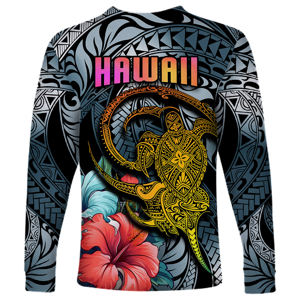 Unisex long sleeve shirt with dark cyan gradient, HAWAII text, turtle emblem, and hibiscus flowers