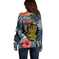 Dark teal off-shoulder sweater back with HAWAII text, gold turtle and floral print