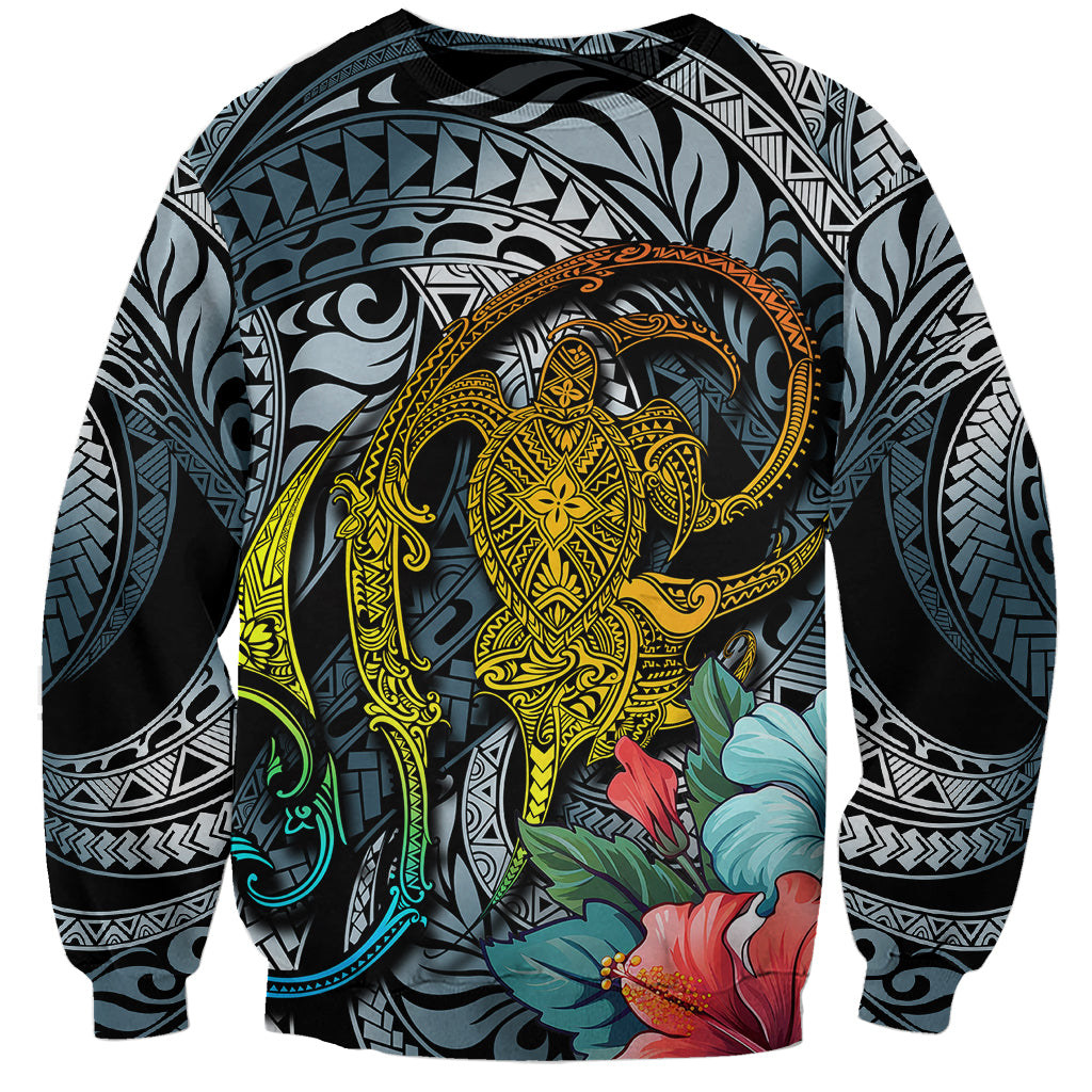 Unisex dark cyan gradient sweatshirt with large gold turtle and floral print, crew neck