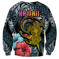 Unisex dark cyan gradient sweatshirt with gold turtle, hibiscus flowers, and pink 'HAWAII' text