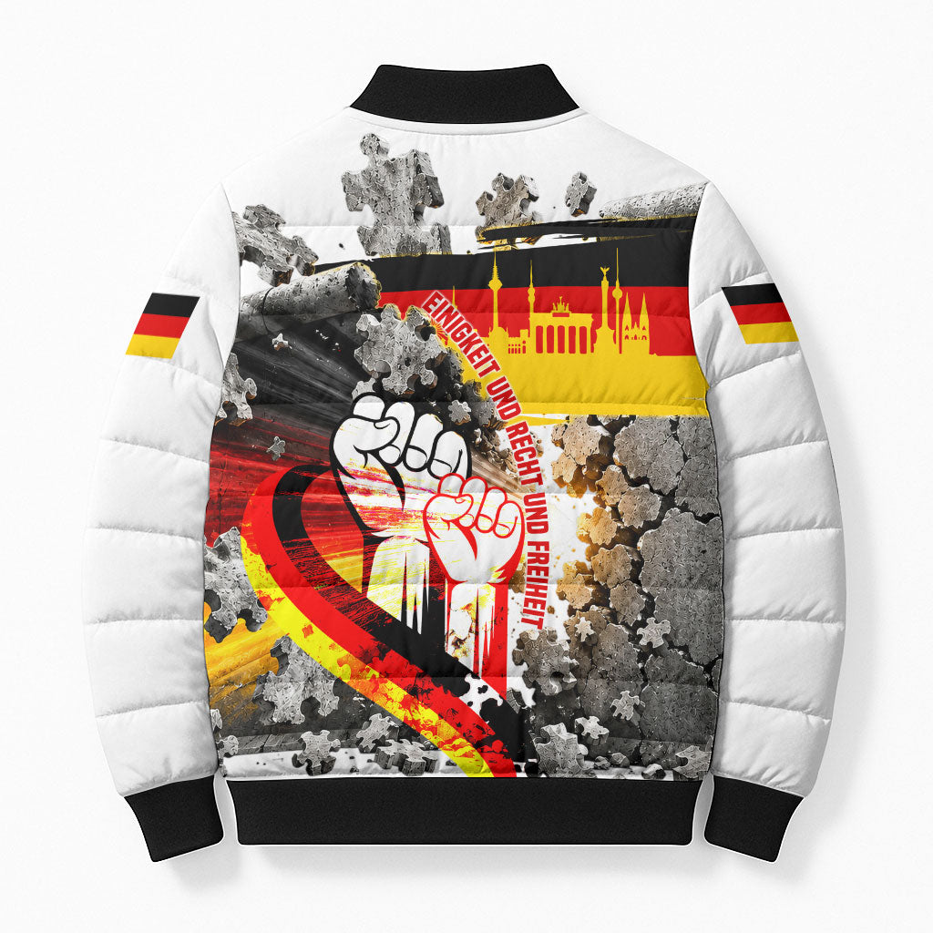 German Unity Day Bomber Puffer Jacket Cracked Wall Flag Graphic Unity Fist