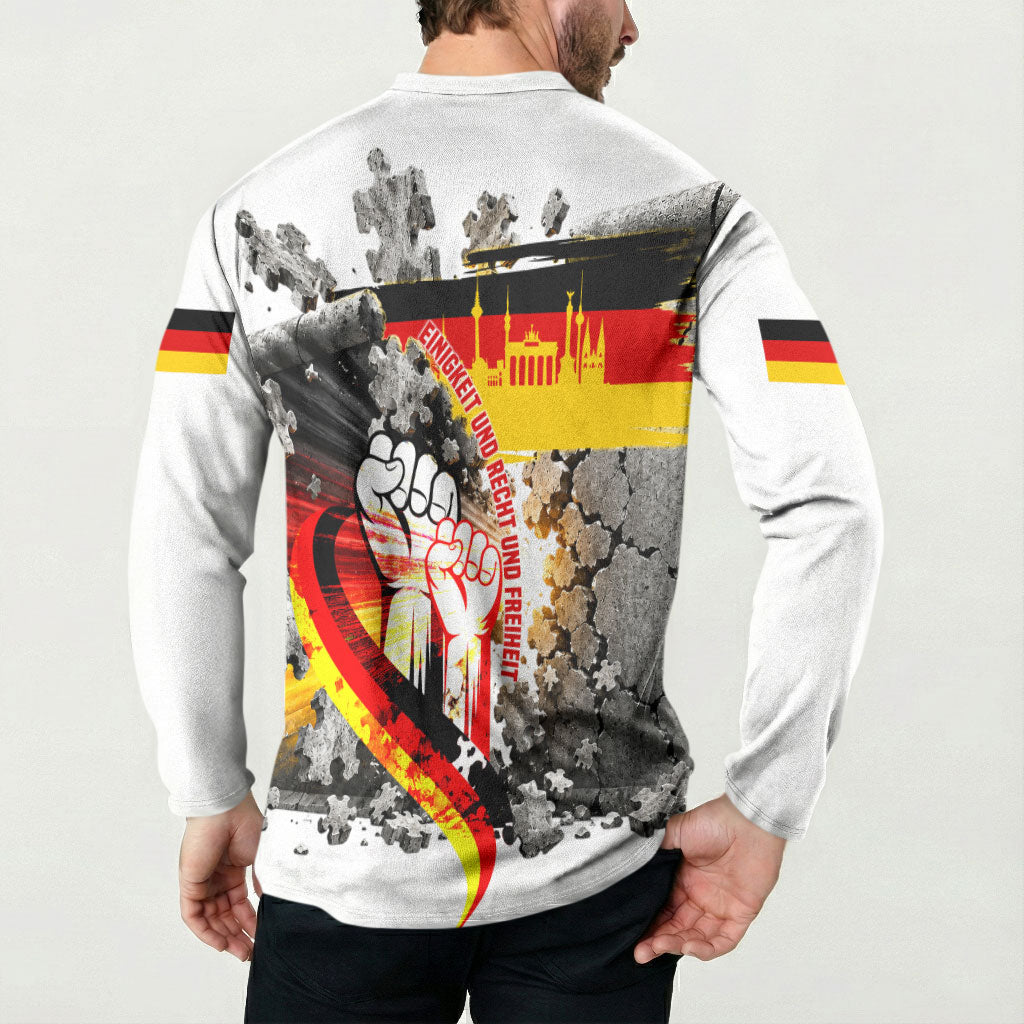 German Unity Day Button Sweatshirt Cracked Wall Flag Graphic Unity Fist