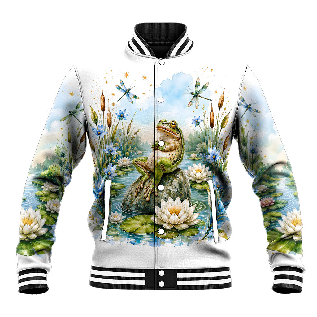 Frog Mentally At The Pond Baseball Jacket Watercolor Floral Nature Cottagecore Animal Art