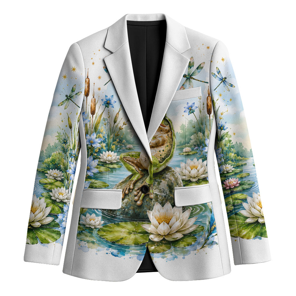 Frog Mentally At The Pond Blazer Watercolor Floral Nature Cottagecore Animal Art