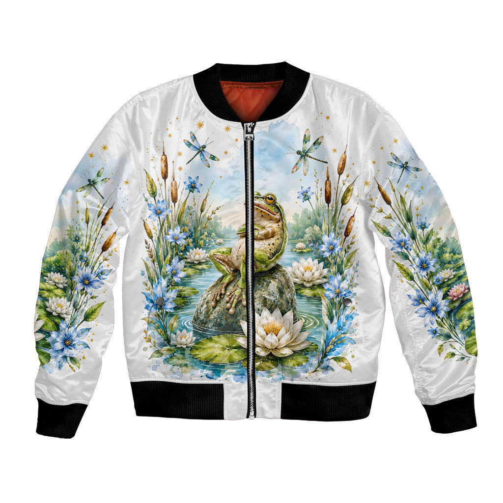 Frog Mentally At The Pond Bomber Jacket Watercolor Floral Nature Cottagecore Animal Art