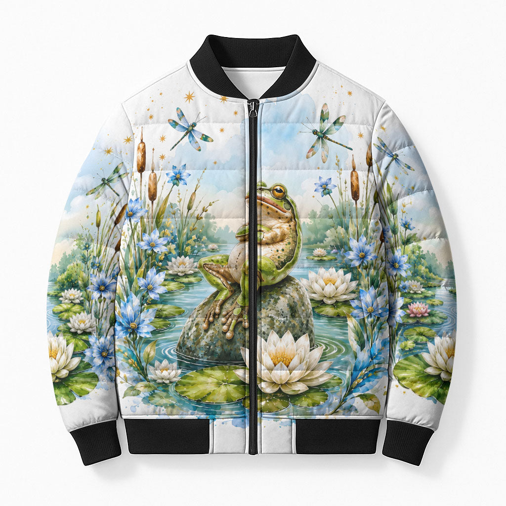 Frog Mentally At The Pond Bomber Puffer Jacket Watercolor Floral Nature Cottagecore Animal Art