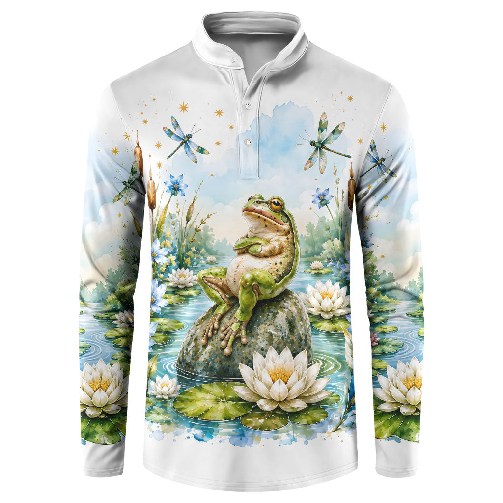 Frog Mentally At The Pond Button Sweatshirt Watercolor Floral Nature Cottagecore Animal Art