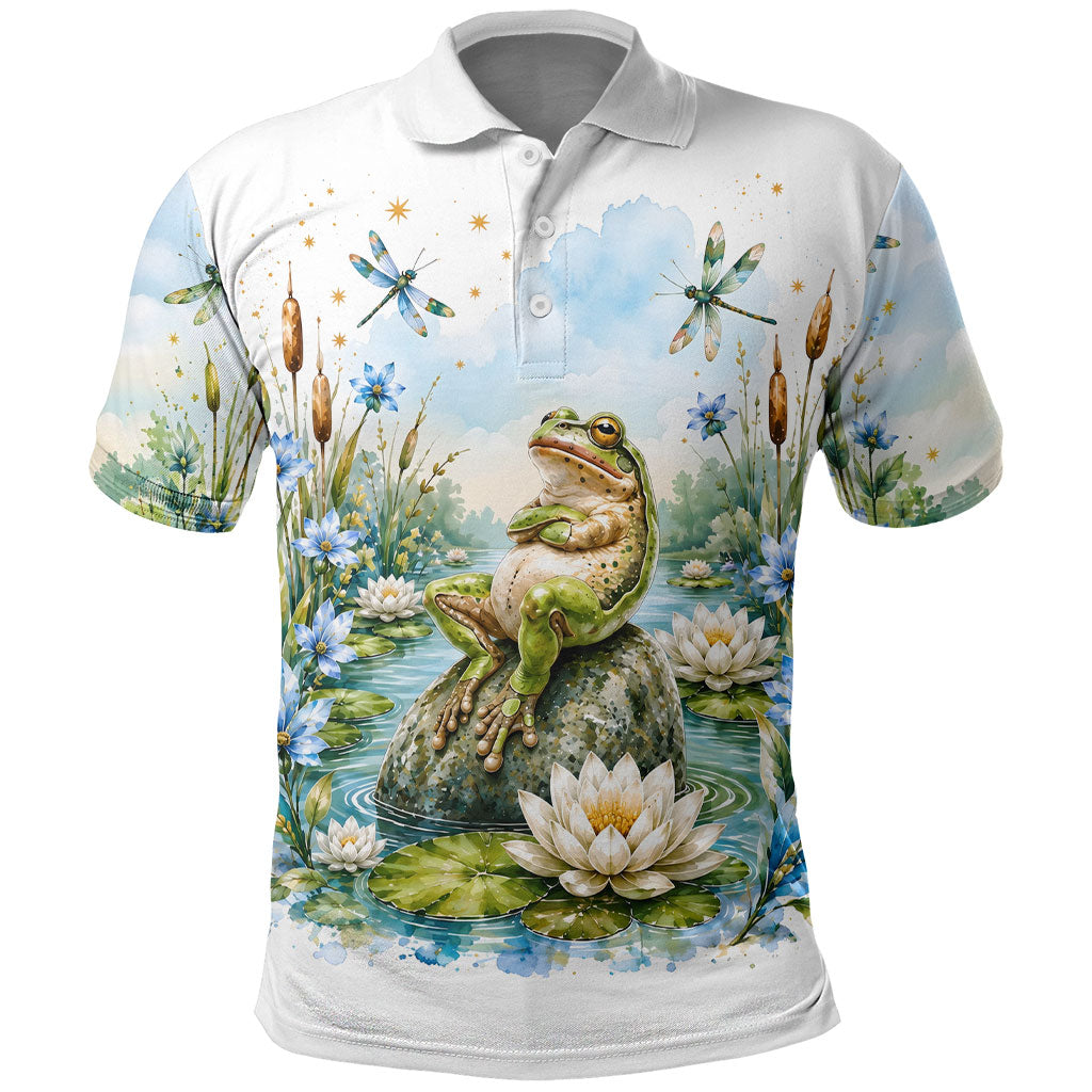 Frog Mentally At The Pond Polo Shirt Watercolor Floral Nature Cottagecore Animal Art