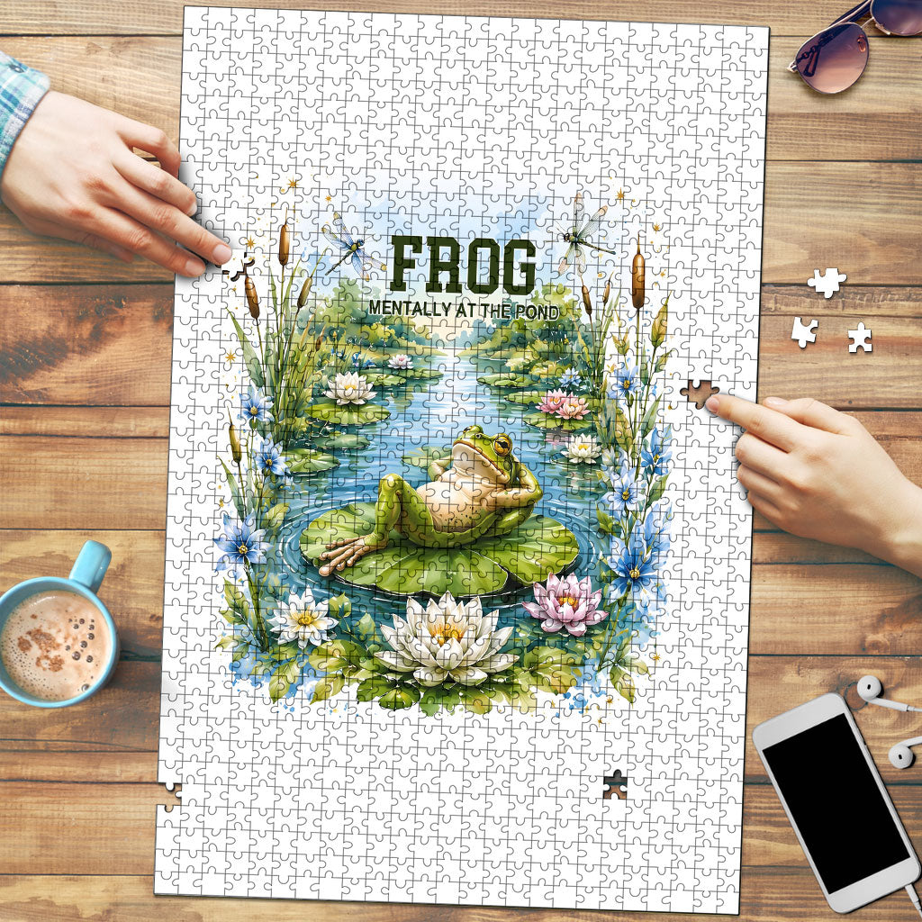 Frog Mentally At The Pond Puzzle Watercolor Floral Nature Cottagecore Animal Art
