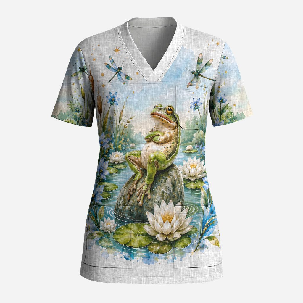 Frog Mentally At The Pond Scrub Top Watercolor Floral Nature Cottagecore Animal Art