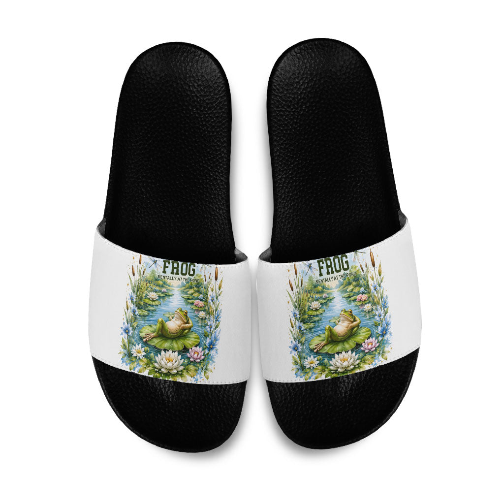 Frog Mentally At The Pond Slide Sandals Watercolor Floral Nature Cottagecore Animal Art