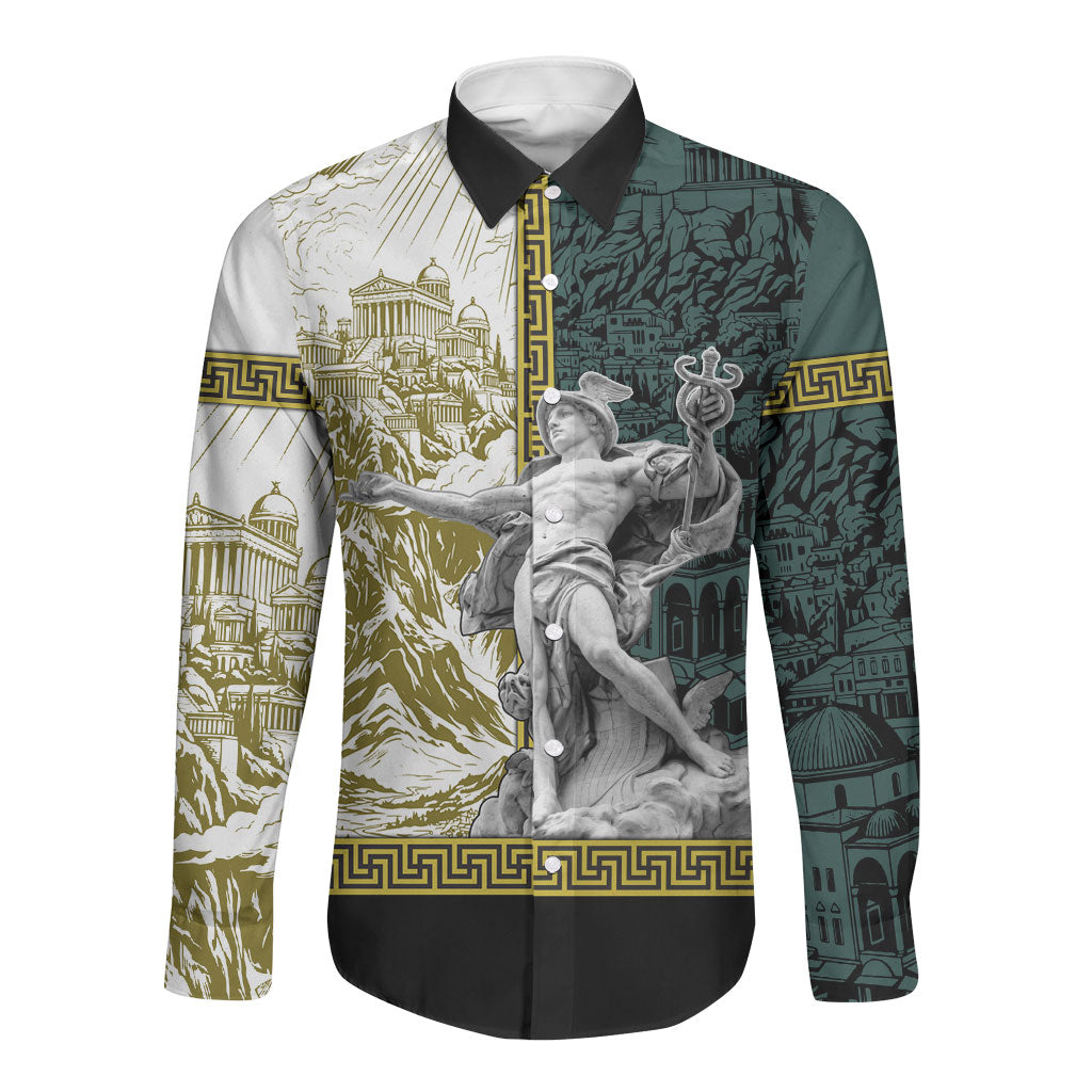 Hermes Long Sleeve Button Shirt Ancient Greek God Mythology Classical Sculpture Line Art