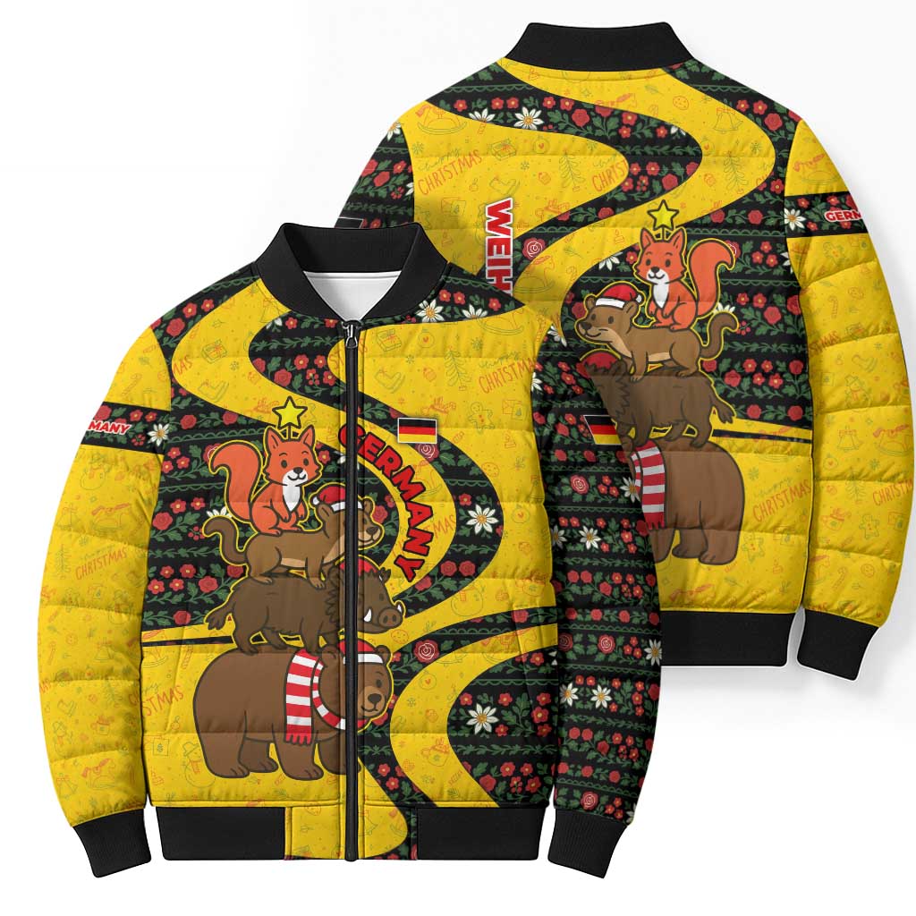 Germany Christmas Bomber Puffer Jacket with Bear Boar Otter Squirrel and Holiday Pattern Design - Wonder Print Shop