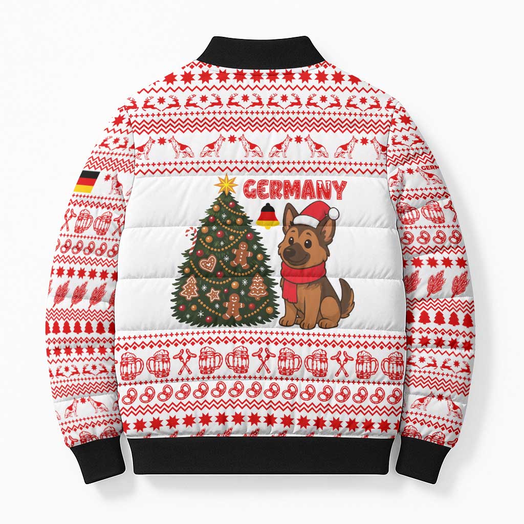 Germany Christmas Bomber Puffer Jacket with German Shepherd Dog Gingerbread Tree and Red Holiday Pattern - Wonder Print Shop