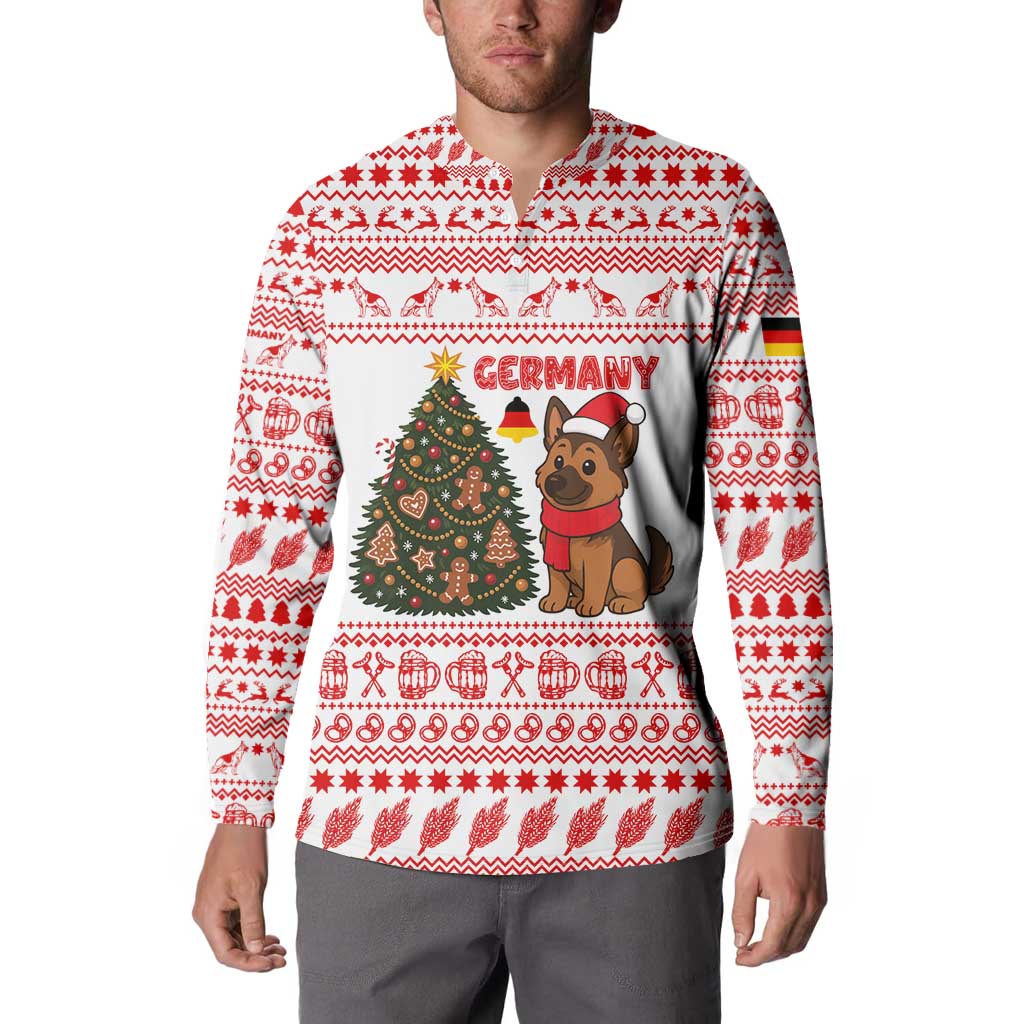 Germany Christmas Button Sweatshirt with German Shepherd Dog Gingerbread Tree and Red Holiday Pattern - Wonder Print Shop