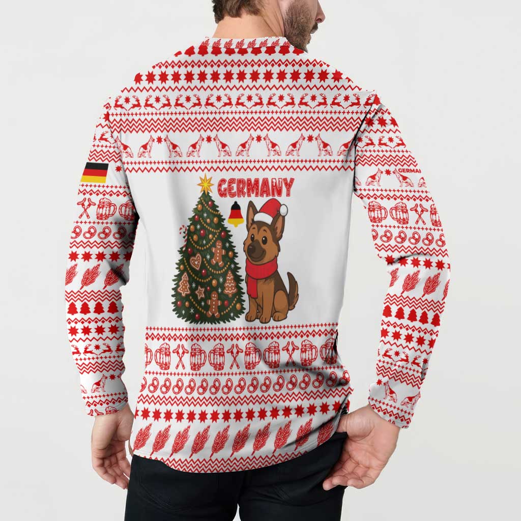 Germany Christmas Button Sweatshirt with German Shepherd Dog Gingerbread Tree and Red Holiday Pattern - Wonder Print Shop