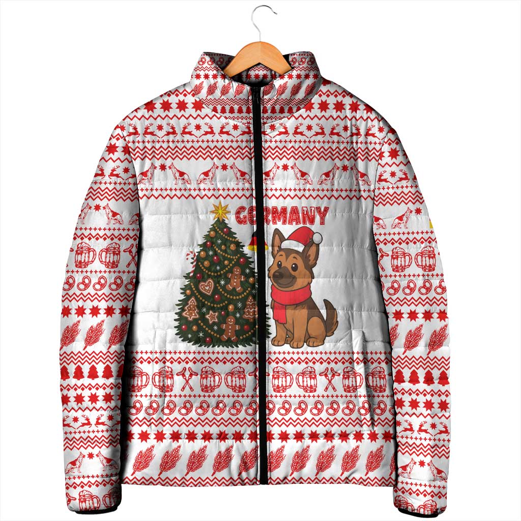 Germany Christmas Padded Jacket with German Shepherd Dog Gingerbread Tree and Red Holiday Pattern - Wonder Print Shop