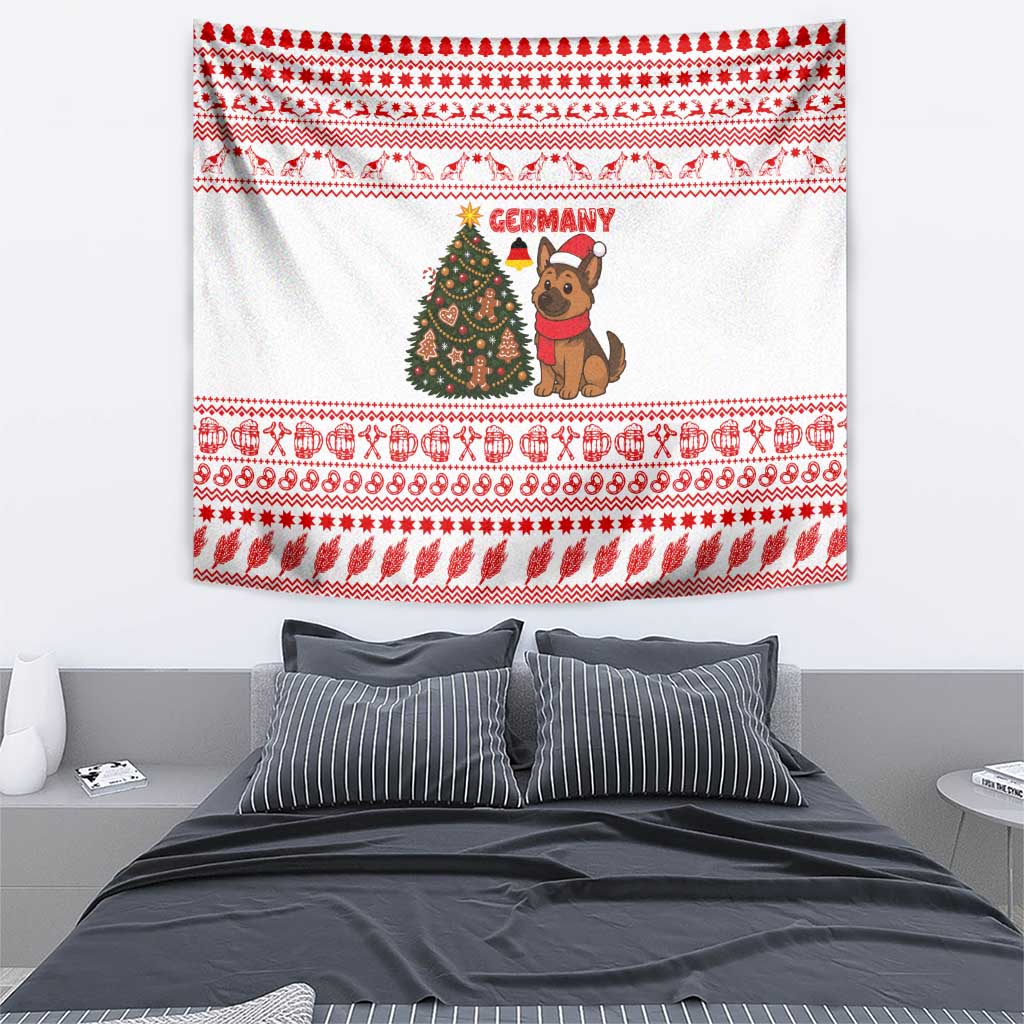 Germany Christmas Tapestry with German Shepherd Dog Gingerbread Tree and Red Holiday Pattern - Wonder Print Shop